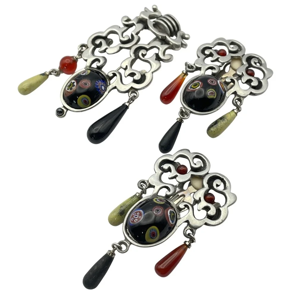 Vintage Modernist Millefiori Brooch and Clip On Earring‎ Set Statement Jewelry